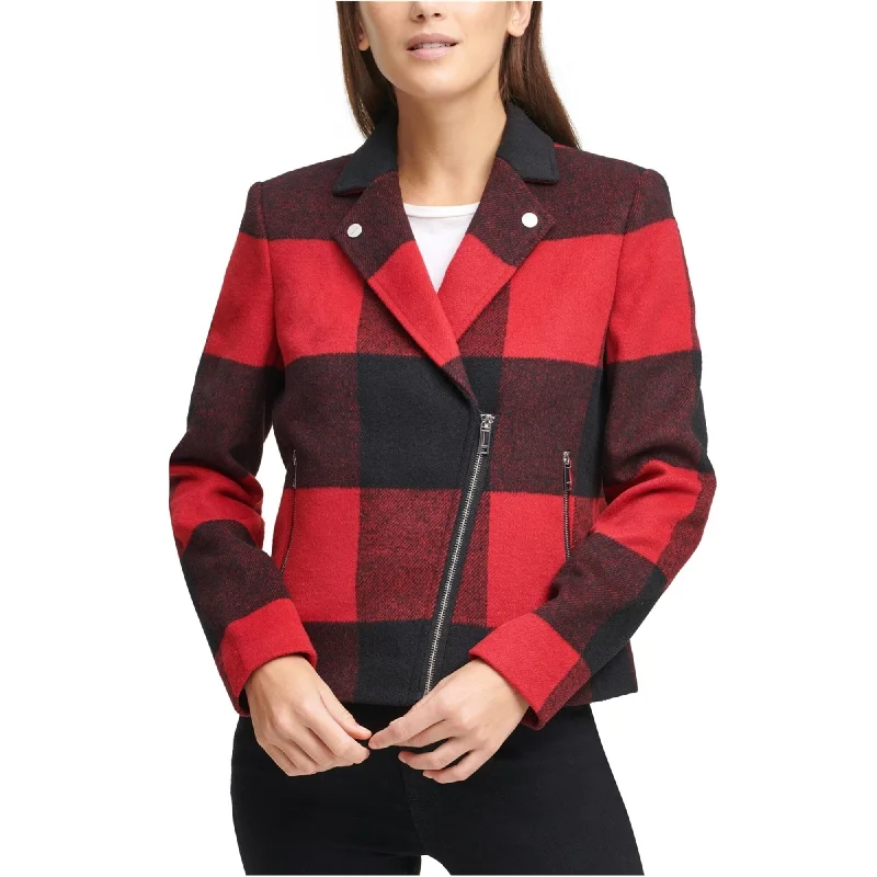 DKNY Womens Plaid Motorcycle Jacket, Red, X-Small