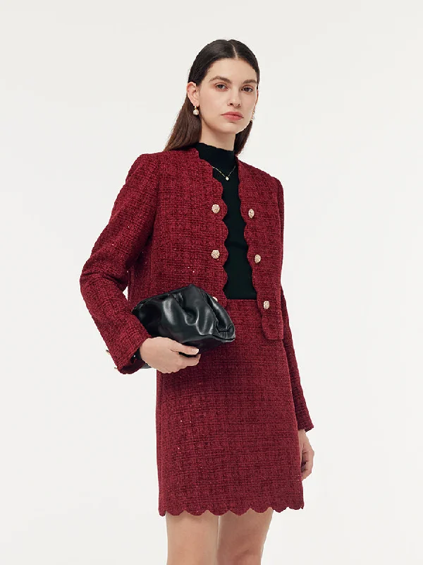 Tweed Sequins Scallop Trim Women Crop Jacket