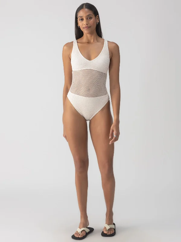 Sea Crochet High Leg Scoop Neck One-Piece White Sand