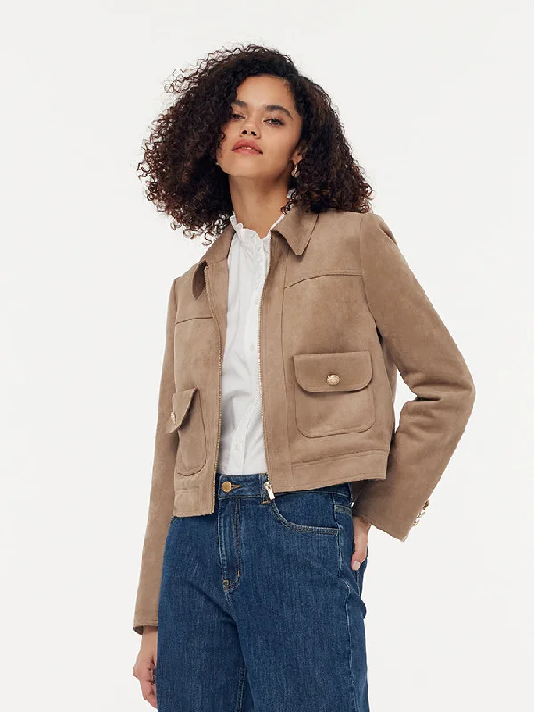 Faux Suede Zip-Up Women Crop Jacket