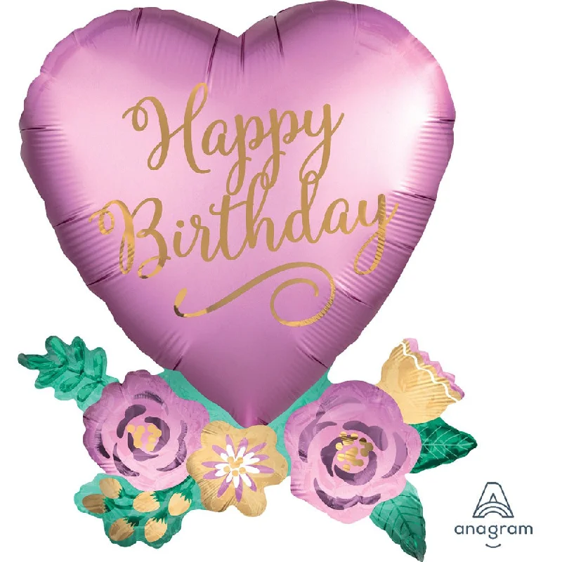 30 inch BIRTHDAY SATIN HEART WITH FLOWERS