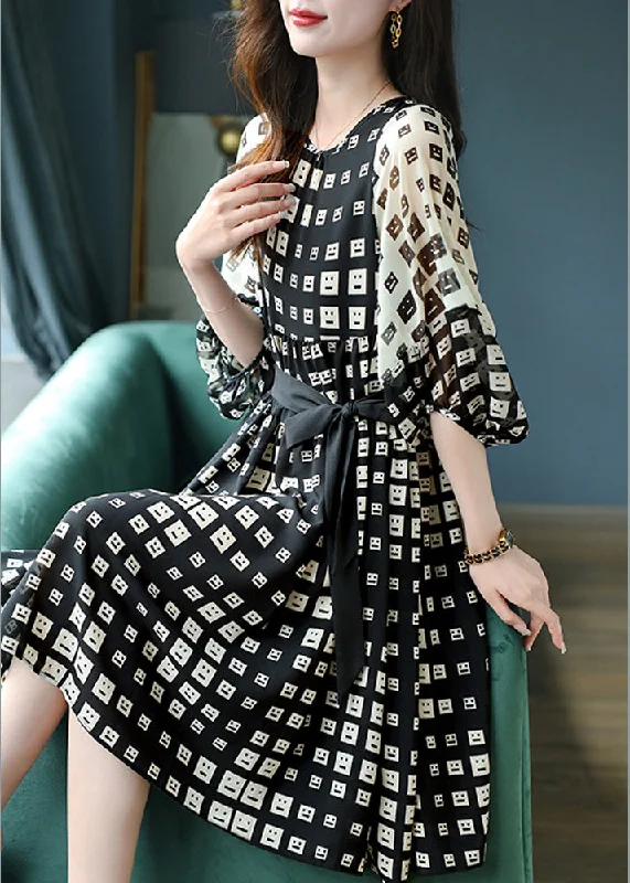 Stylish Black Print Tie Waist Silk Vacation Long Dresses Lantern Sleeve