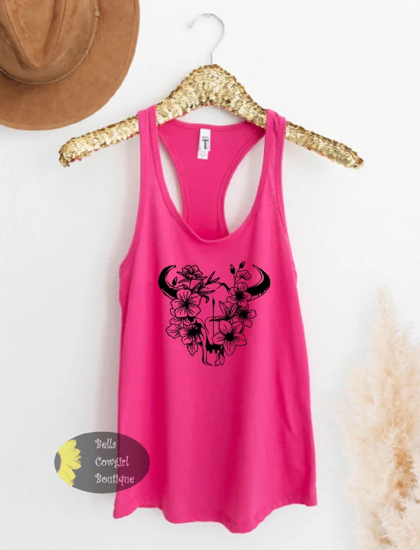 Floral Steer Skull Western Women's Tank Top