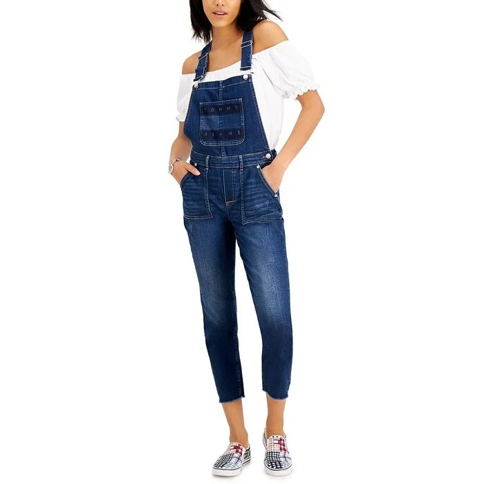 Tommy Jeans Women's Stretch Pocketed Buttoned Adjustable Overalls Sleeveless Square Neck Skinny Jumpsuit Blue Size 29