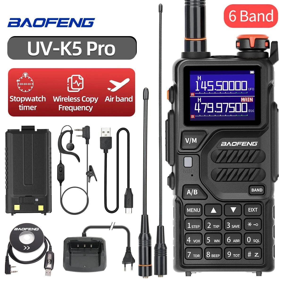 Baofeng UV-K5 Pro Air Band Walkie Talkie 12W Wireless Copy Frequency Type-C DTMF Long Range Ham Two Way Radio for Camping