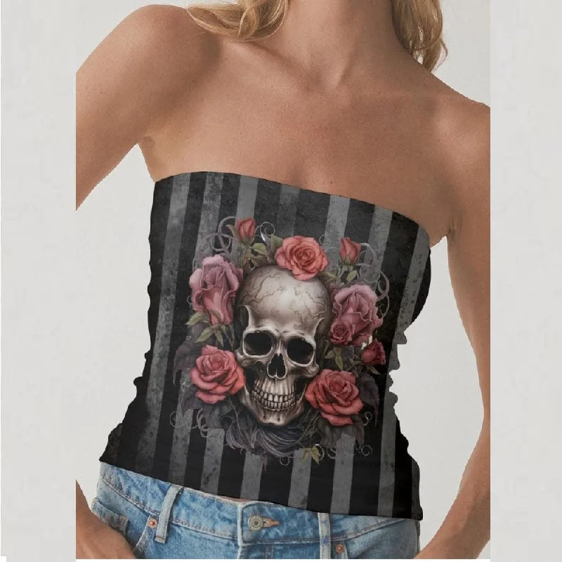 Women's Skull Floral Double-Layer Strapless Tank Top