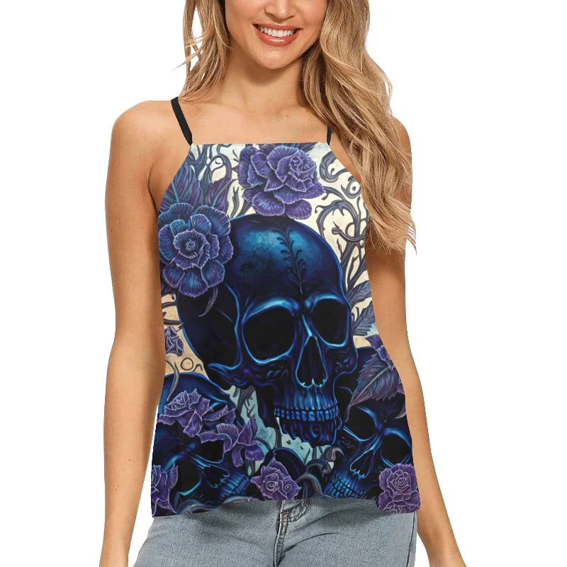 Women's Blue Skull Floral Loose Spaghetti Strap Tank Top