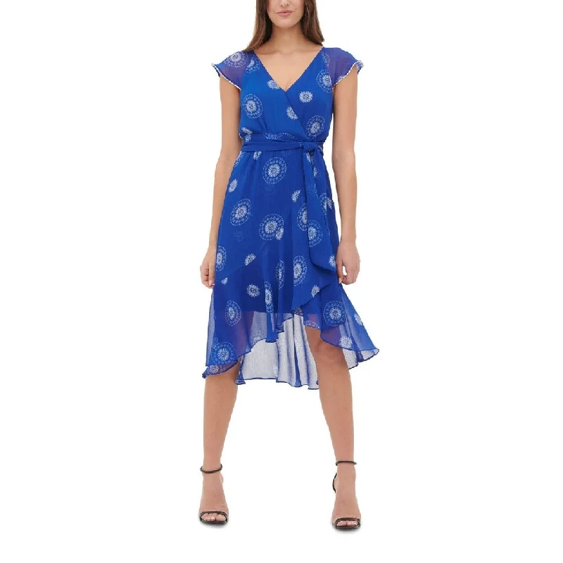 Tommy Hilfiger Women's Tie Printed Cap Sleeve V Neck Tea Length Party Wrap Dress Blue Size 22W