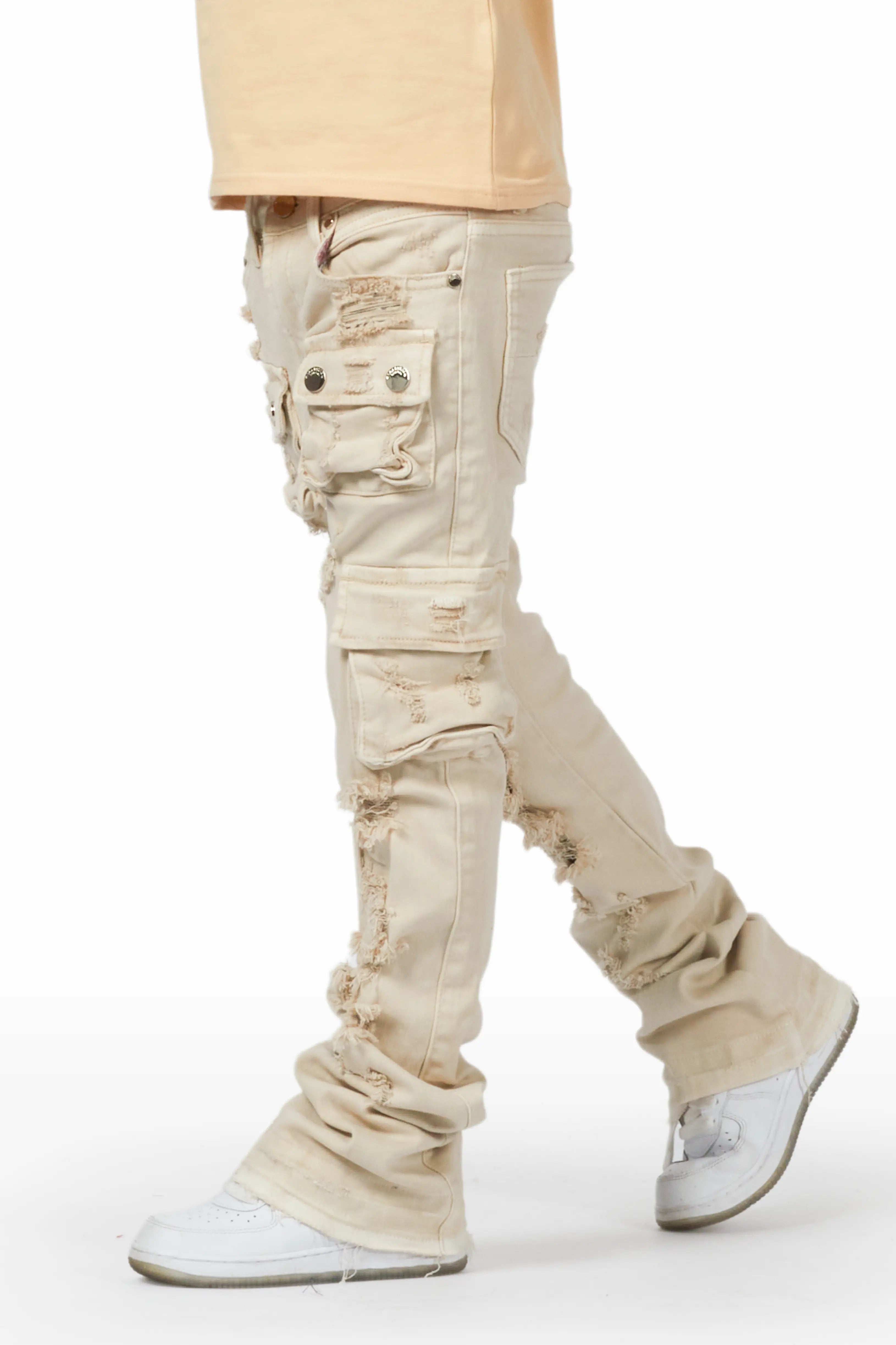 Boys Zaire Beige Cargo Super Stacked Flare Jean