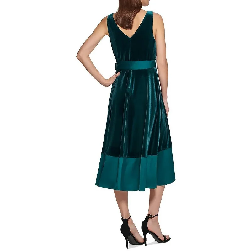 Dkny Women's Mixed Media Surplice V Neck Belted Dress Green Size 12