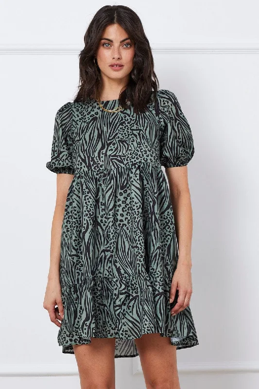 Print Mini Dress Short Sleeve Round Neck