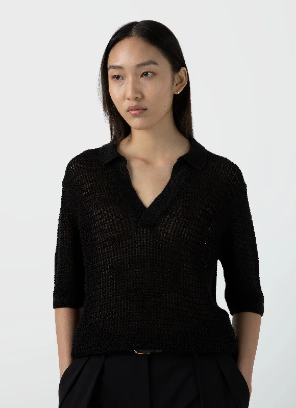 Women's Linen Mesh Polo Shirt in Black