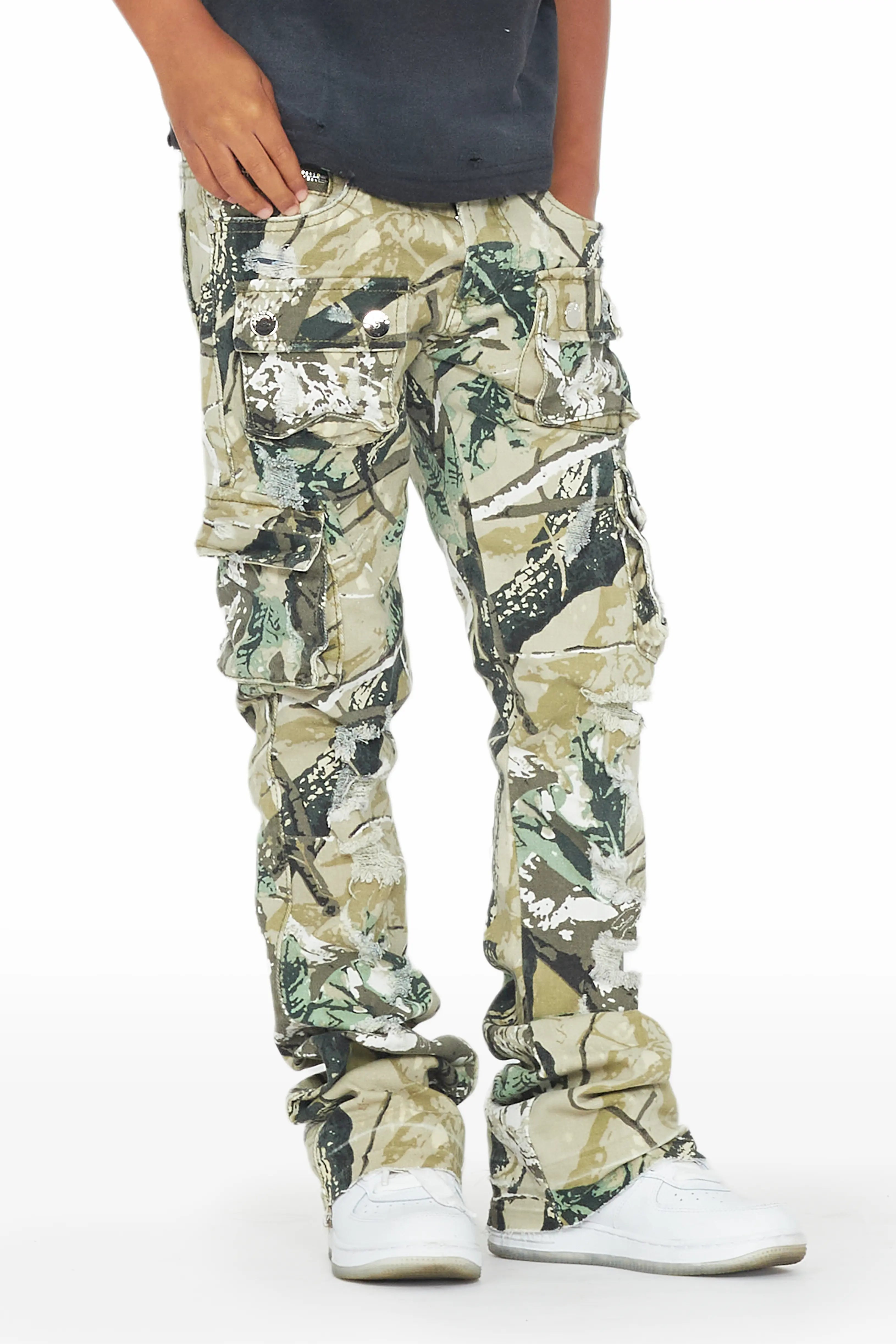 Boys Zaire Tree Camo Cargo Super Stacked Flare Jean