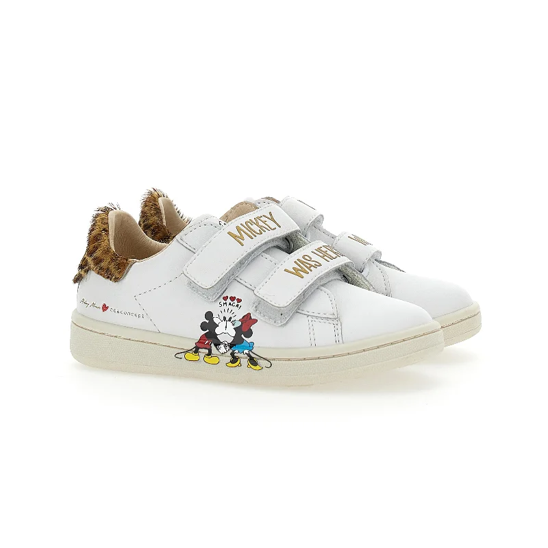 White Mickey + Minnie Leopard Tab Velcro Sneakers