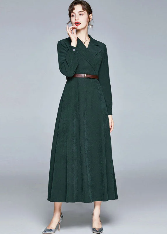 Fashion Army Green Notched Sashes Patchwork Corduroy Long Dresses Fall