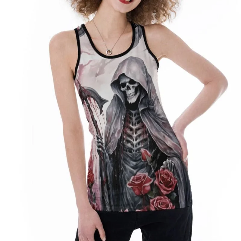 Women's Grim Reaper With Red Roses Hollow Back Tank Top