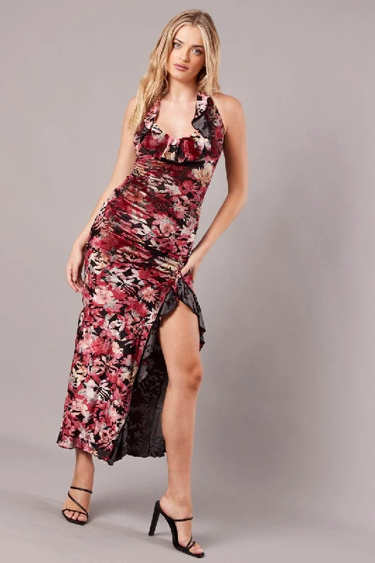 Black Floral Devore Maxi Dress Burnout Velvet Ruffle Dress