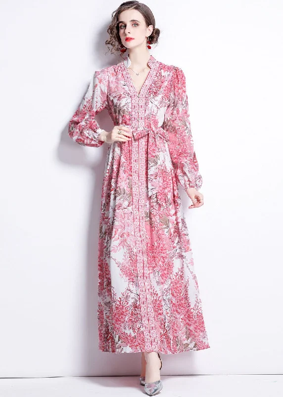 French Pink V Neck Tie Waist Print Patchwork Cotton Long Dresses Lantern Sleeve