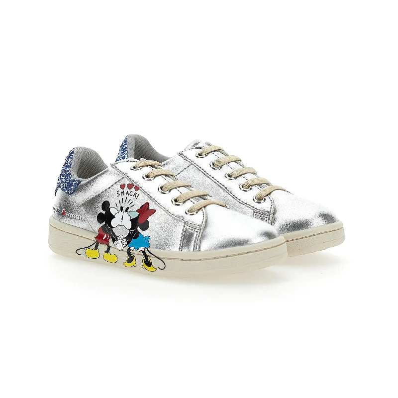 Silver Mickey + Minnie Glitter Tab Velcro Sneakers