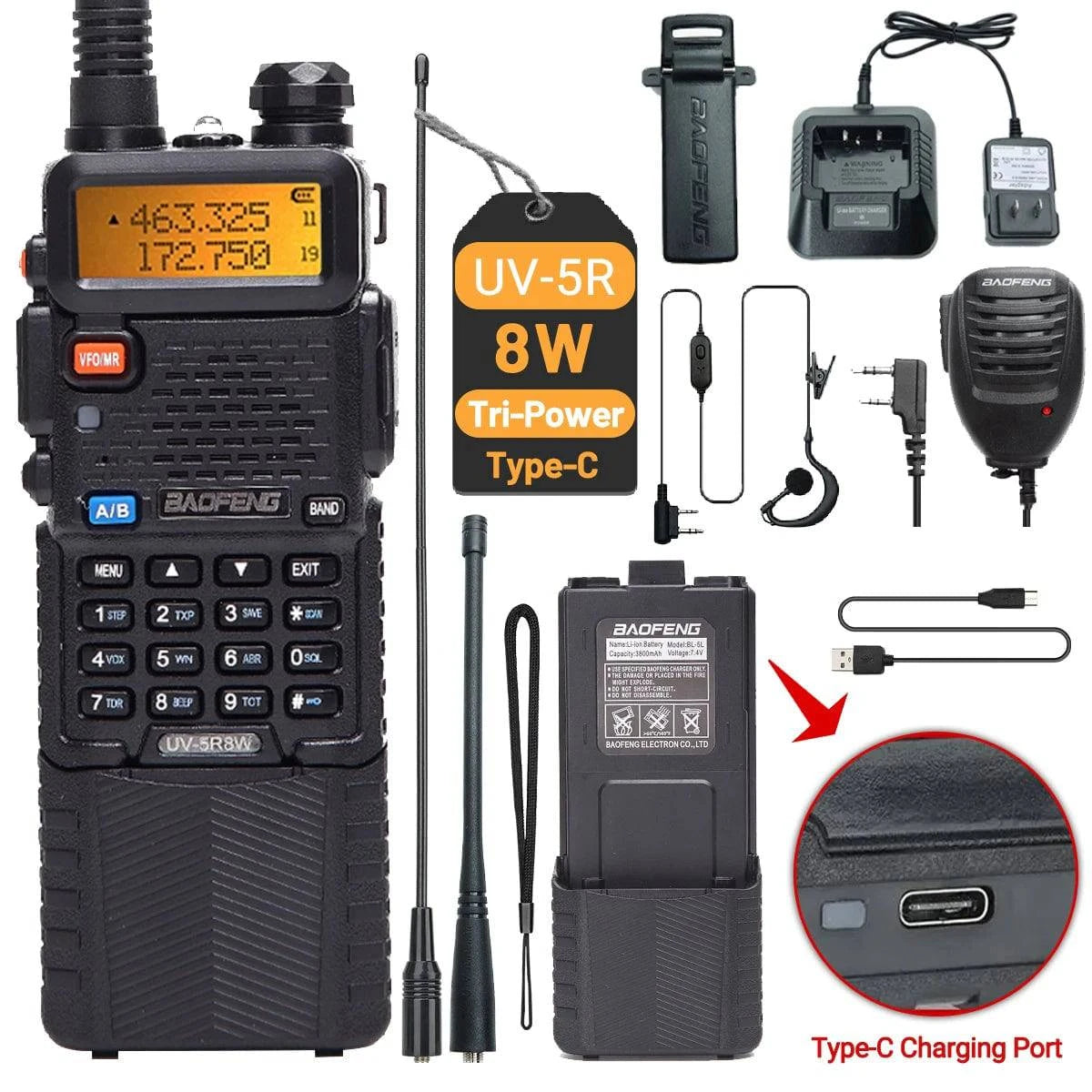 Baofeng UV-5R 8W 3800mAh Walkie Talkie Tri Power Type-C VHF UHF Dual Band Long Range For UV5R K5 Portable Ham CB Two Way Radio