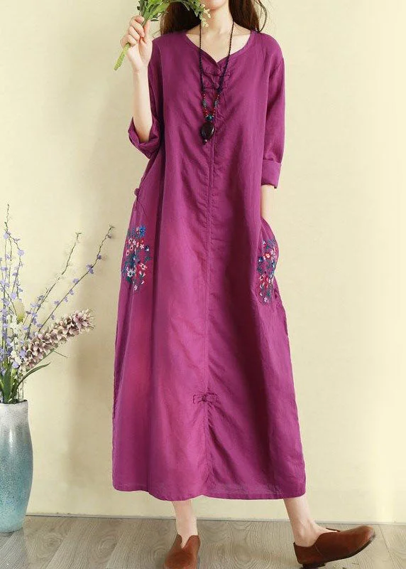 Natural Purple Embroideried Pockets Patchwork Linen Long Dresses Fall