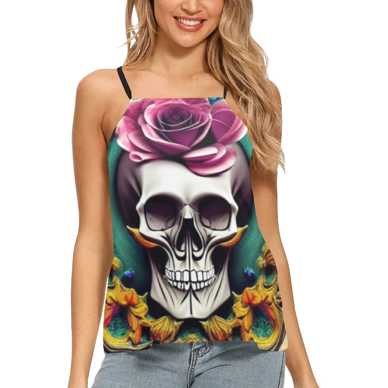 Women's Skull Face Purple Flower Tank Top