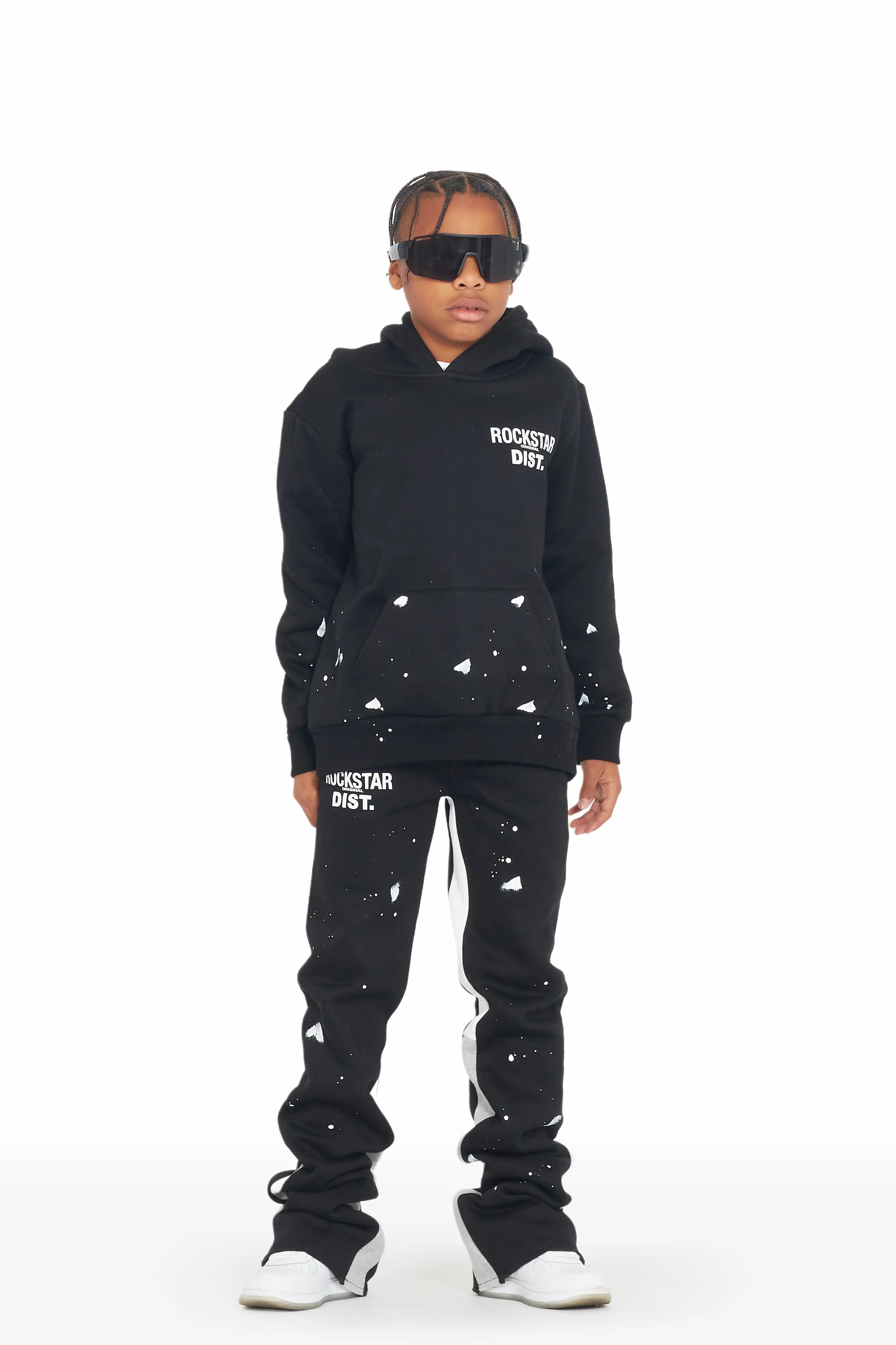 Boys Raffer Black Hoodie Super Stacked Flare Pant Set