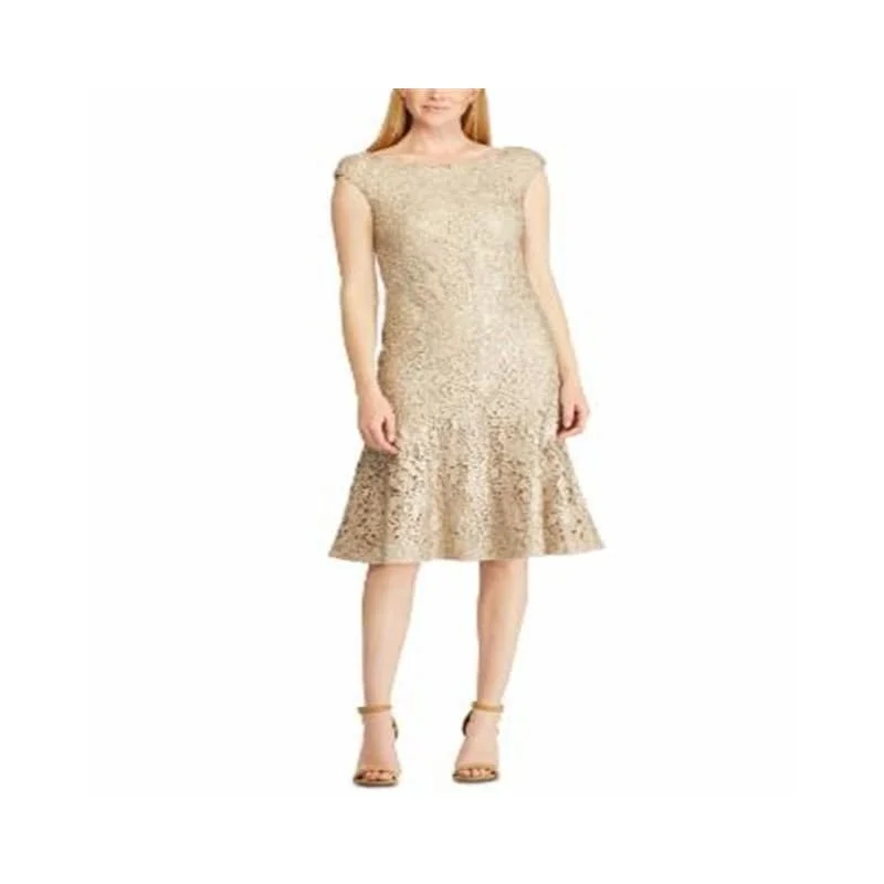 Lauren Ralph Lauren Women's Foiled Lace Dress Champagne Size 16