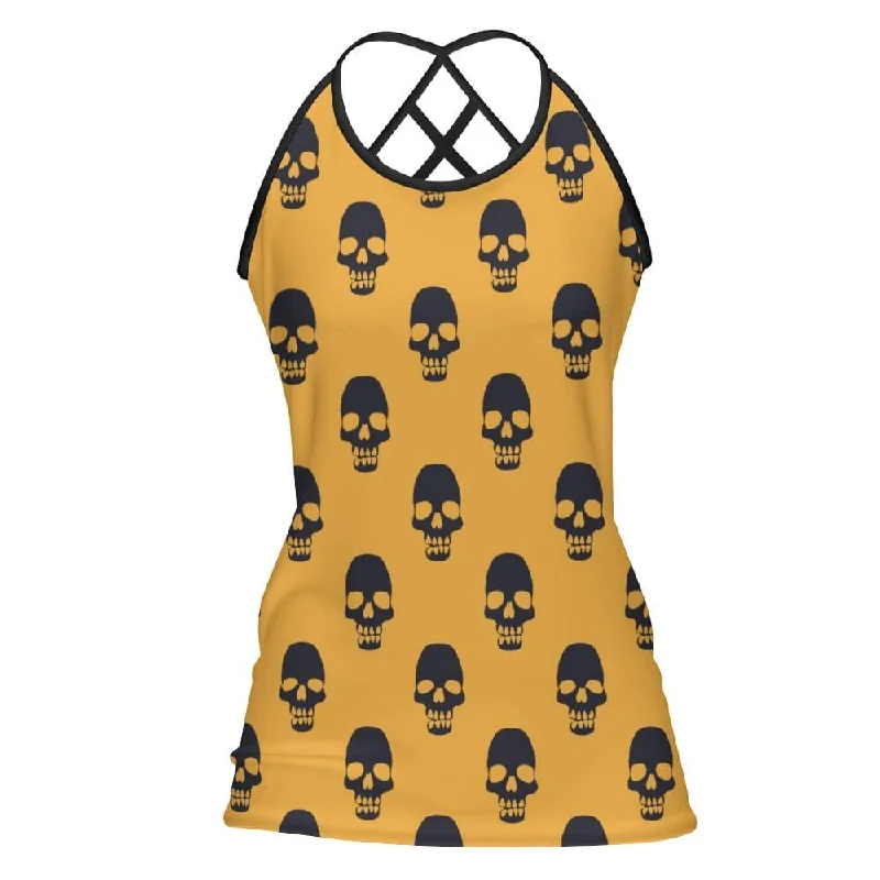 Women's Skulls on Yellow Criss-Cross Open Back Tank Top