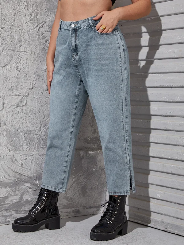 Plain Washed High Waist Cropped Plus Size Jeans