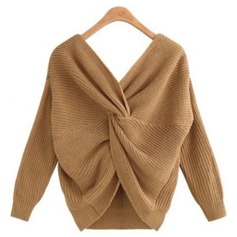 V-Neck Halter Sweater Irregularly Cross-Knotted Knit On Both Sides