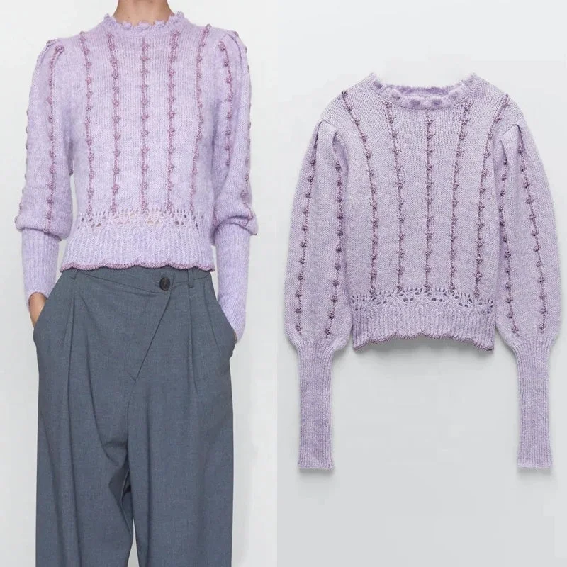 Women Winter Thread Knit Sweater Long Sleeve High Collar Vintage Purple Sweaters Woman Streetwear Slim Pullover