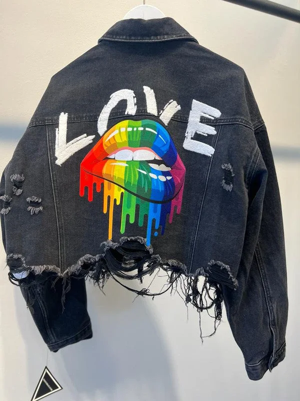 Rainbow Love Lips Crop Distressed Jacket