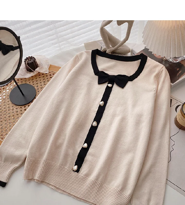 Gentle temperament thin retro bow color matching long sleeve top  6675