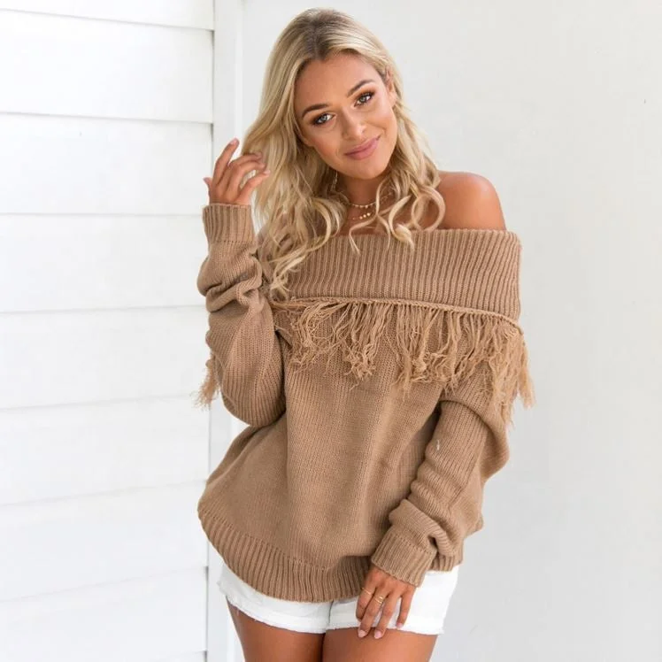 Autumn New Design Off Shoulder Sexy Ladies Casual Tassel Sweater