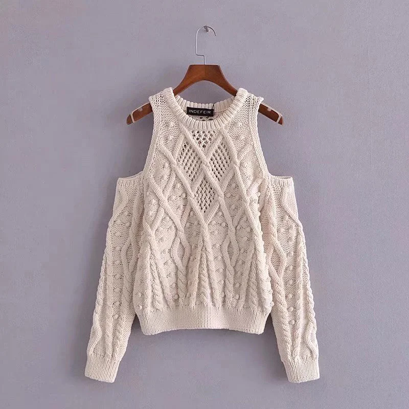 New fashion temperament hollow sweater off shoulder crew neck sweater  7205