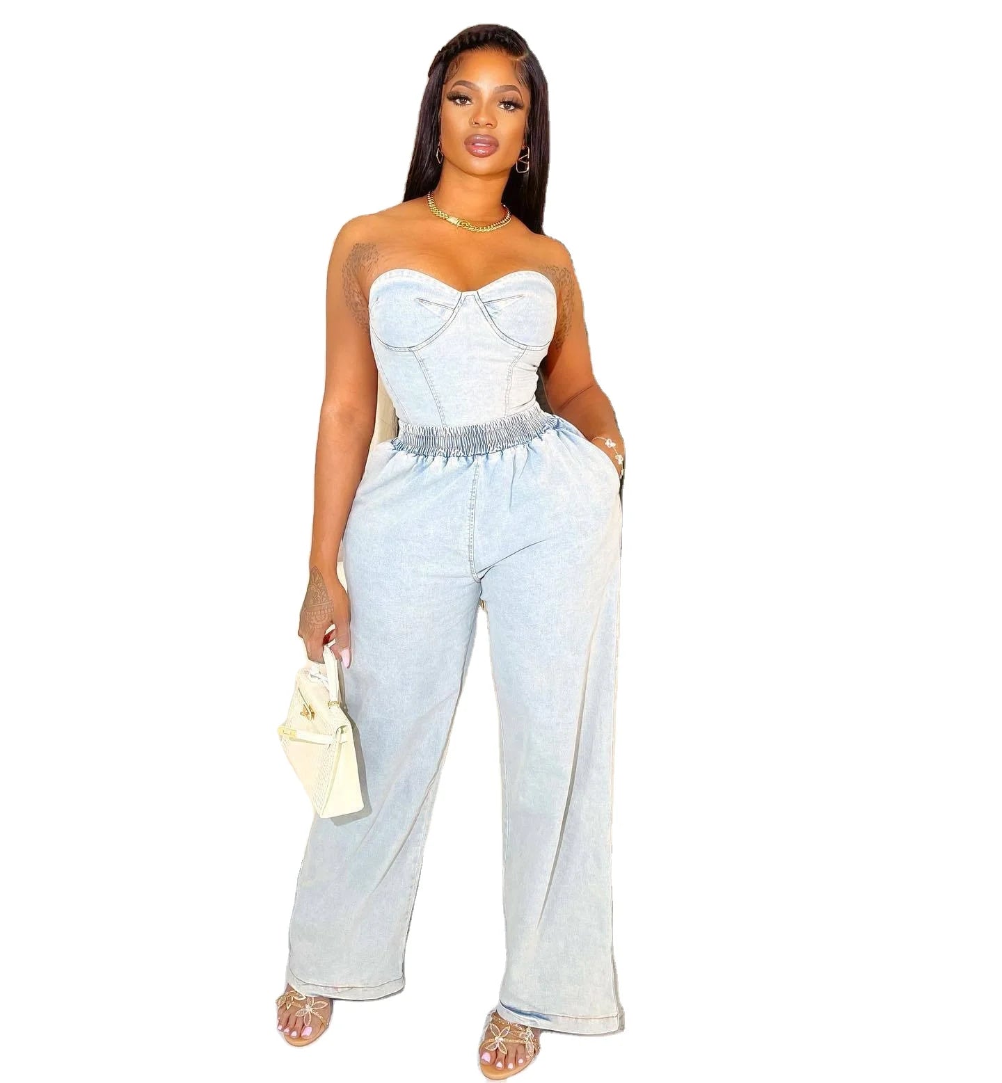 2024 washed two piece jean denim corset top pants set for women