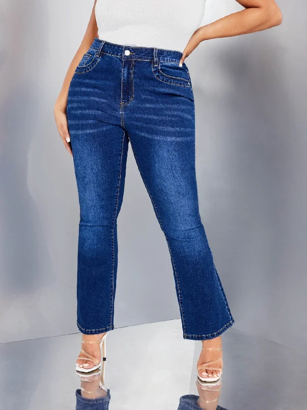 Plain Zipper High Waist Cropped Plus Size Jeans