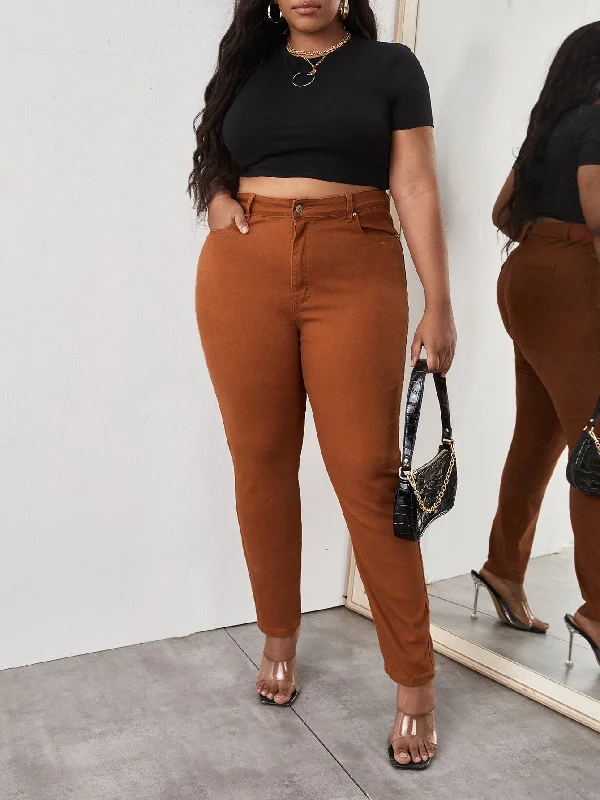 Plain Zipper High Waist Cropped Plus Size Jeans