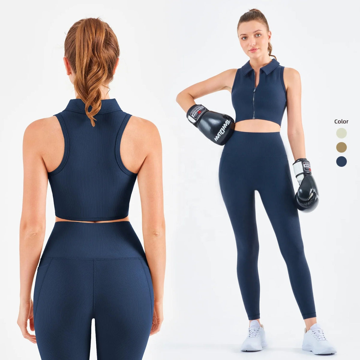 Women's Fitness Leggings Set with Ribbed Front Zip Sports Bra and Side Pocket for Yoga