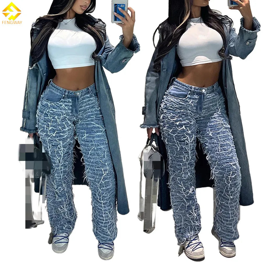 2024 Women High Waist Vintage Jeans Sexy Y2k Streetwear Casual Straight Tassel Fringe Stretch Denim Pants