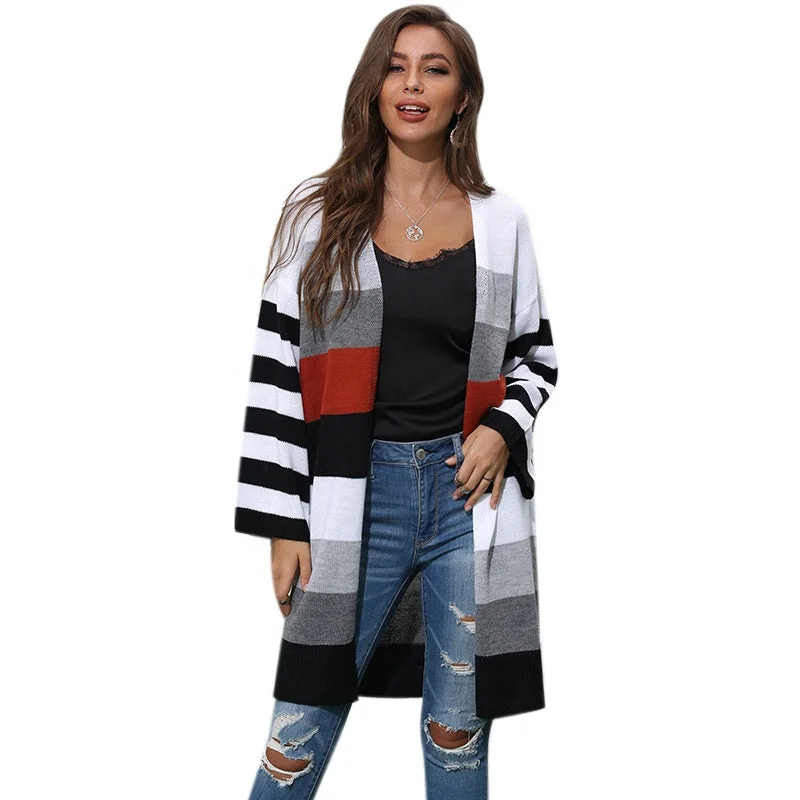 Knitting Cardigan Long Stripe Splicing Collision Color Sweater New Foreign Trade Women's Casual Winter Knit Sweater Custom