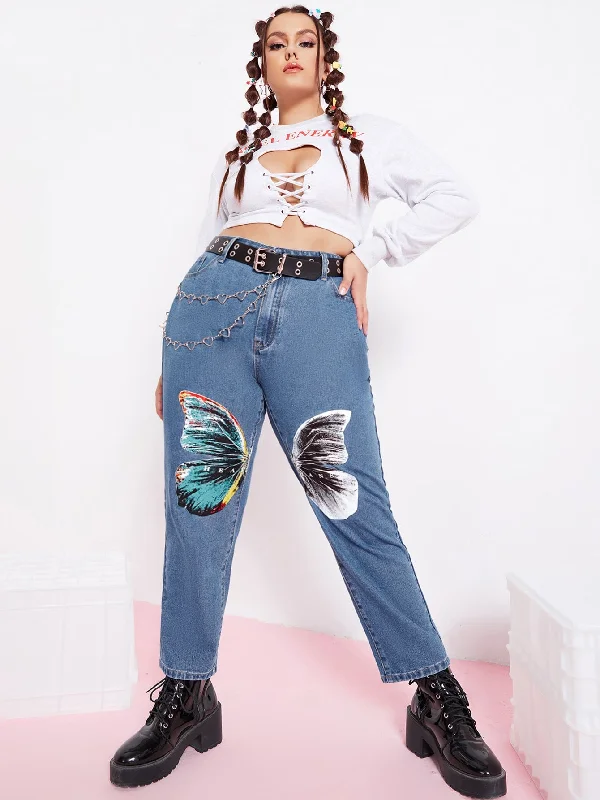 Animal Zipper High Waist Long Plus Size Jeans