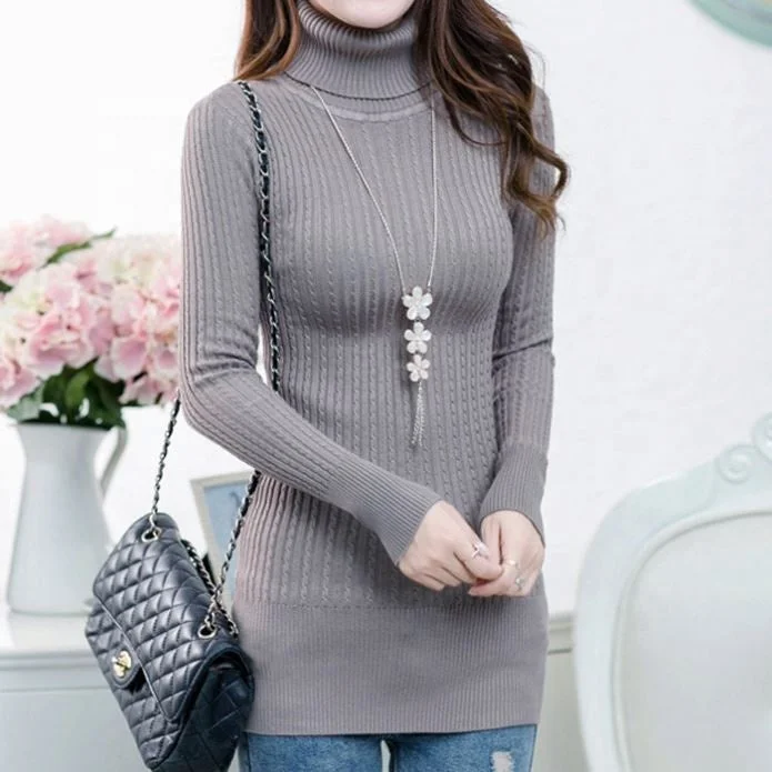 Hot Sale Korean Style Turn-Down Collar Sexy Women Cable Knitted Long Sweater