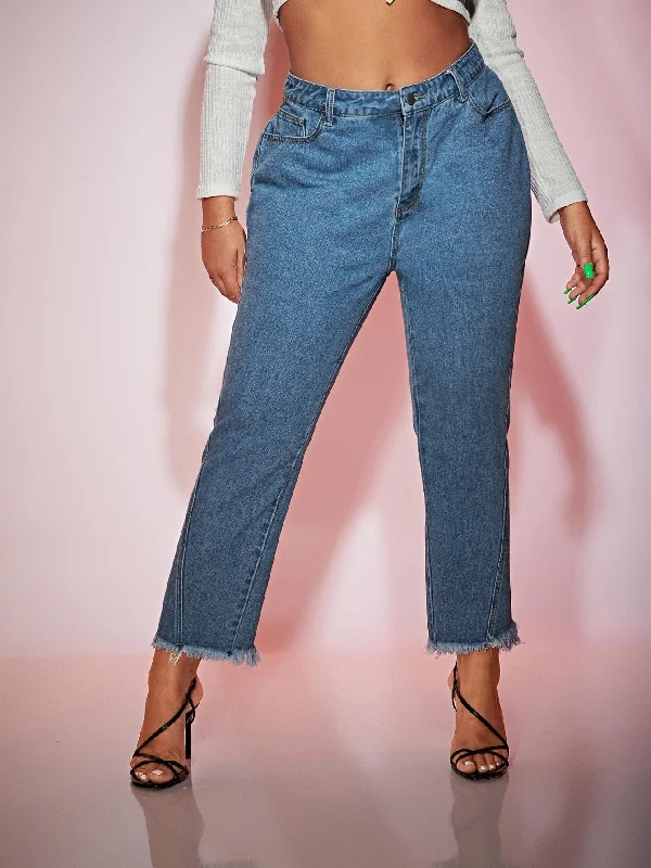 Plain Zipper High Waist Long Plus Size Jeans