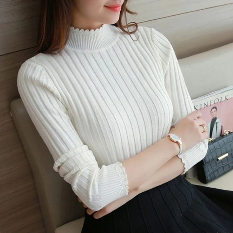 Hot Sale Korean Style High Neck Slim Fit Girls Spring Thin Sweater