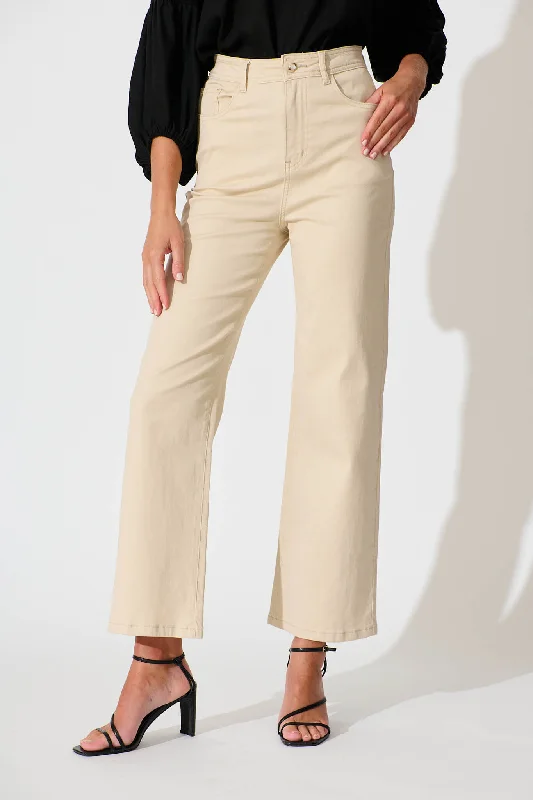 Yoko High Rise Relaxed Leg Jean In Beige Denim