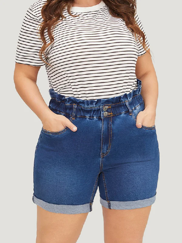 Very Stretchy High Rise Medium Wash Paperbag Waist Denim Shorts