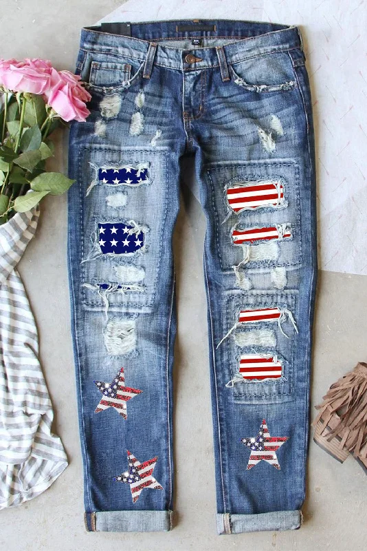 U.S. Flag Patriotic Distressed Straight Jeans in Medium Blue Wash