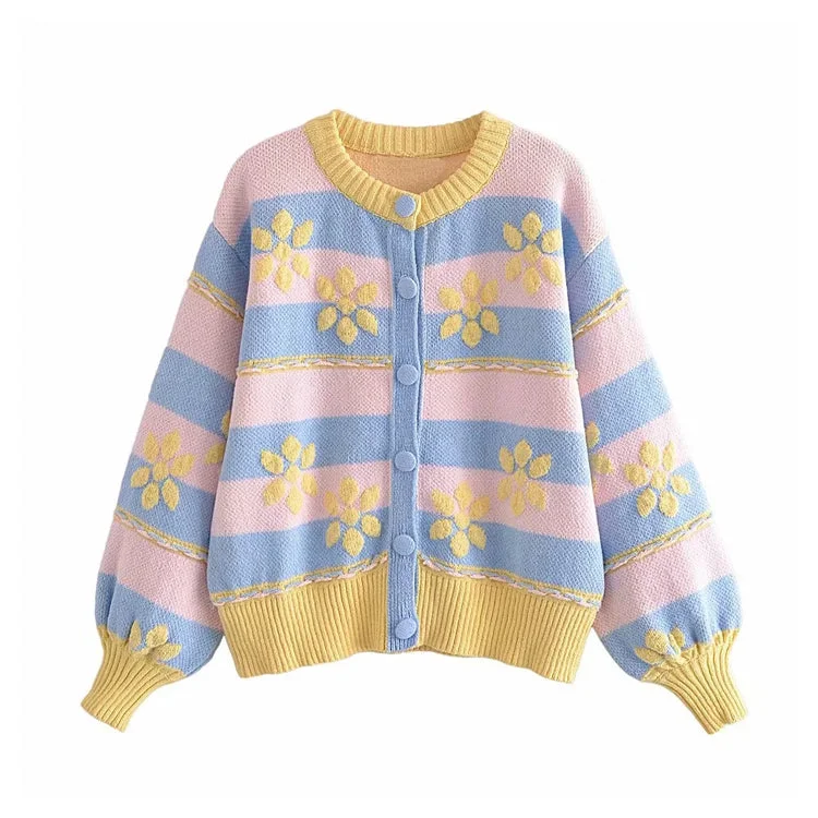 Sweet flower printed jacquard knitted coat cardigan  7189